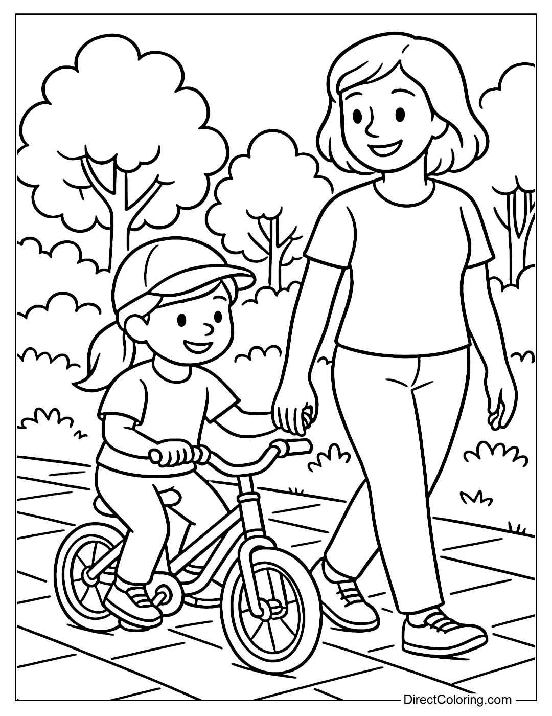 A coloring page of a little girl riding a bike with her mother holding her hand, with a green garden in the background.